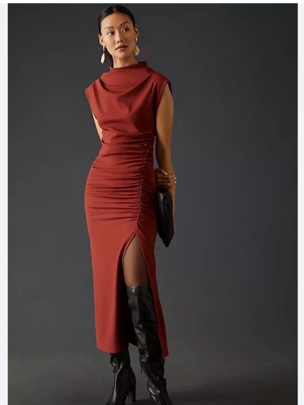 Anthropologie Maya Ruched Midi Dress in Rust